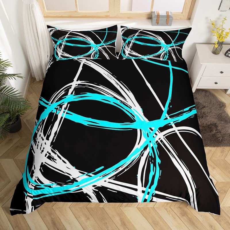 Retro Circle Bedding Duvet Cover Set Single Blue Black White Stripes Bedding Set for Kids Boys Girls Abstract Art Decor Comforter Cover Set Microfiber Bedspread Cover Bedroom Bedclothes