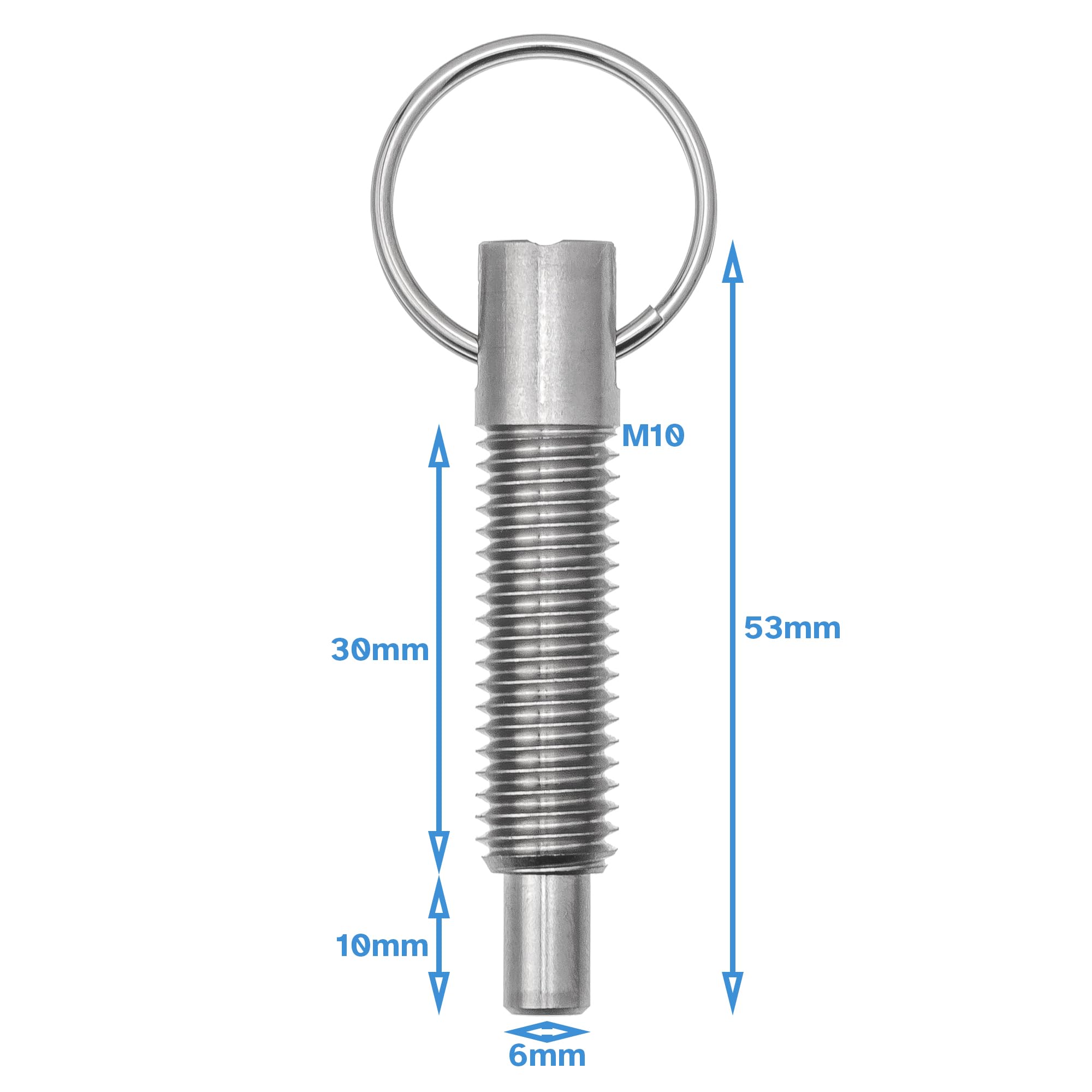 HALLMERS M10 x 30mm Thread 6mm Pin Diameter Indexing Spring Plunger Self Locking with Pull Ring - Stainless Steel Retractable Loaded Bolt Notch Keyring Threaded Index Accessories Mechanism Tool
