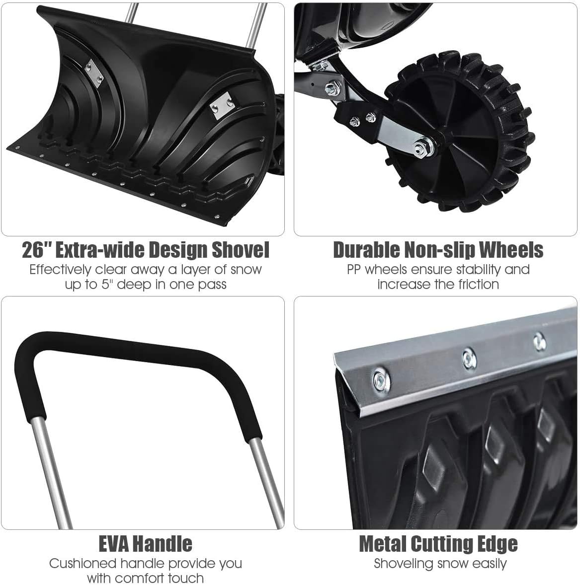 Review HAPPYGRILL Snow Shovel Pusher Snow Removal Tool Wheeled Snow