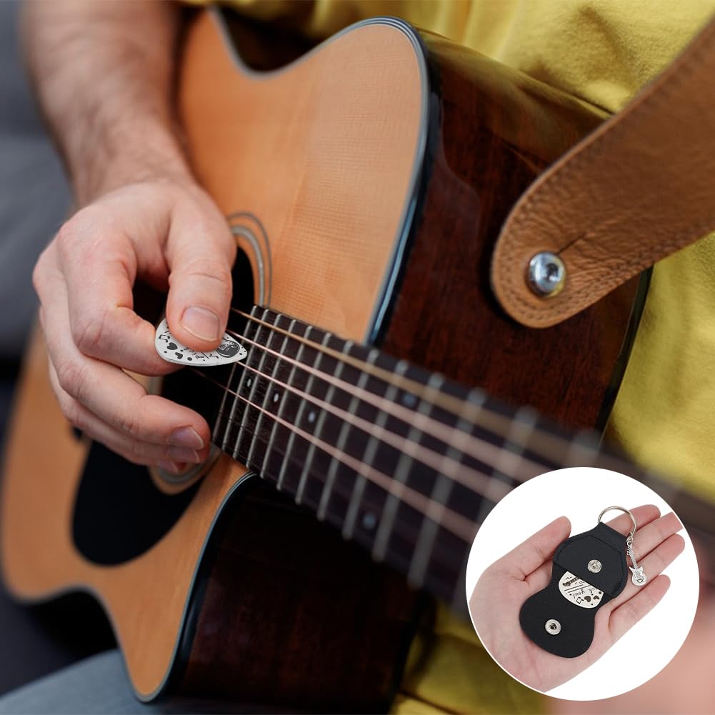 Llavero Púas Guitarra Acero Inoxidable - Con Funda Piel Y Colgante Musical