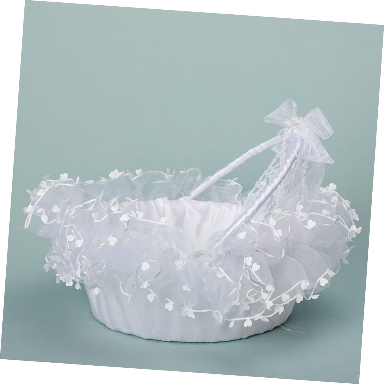 Beavorty Lace Wedding Basket White Heart-shaped Flower Girl Basket with Detachable Handle Portable Handheld Petals Holder for Ceremony and Bridal Supplies