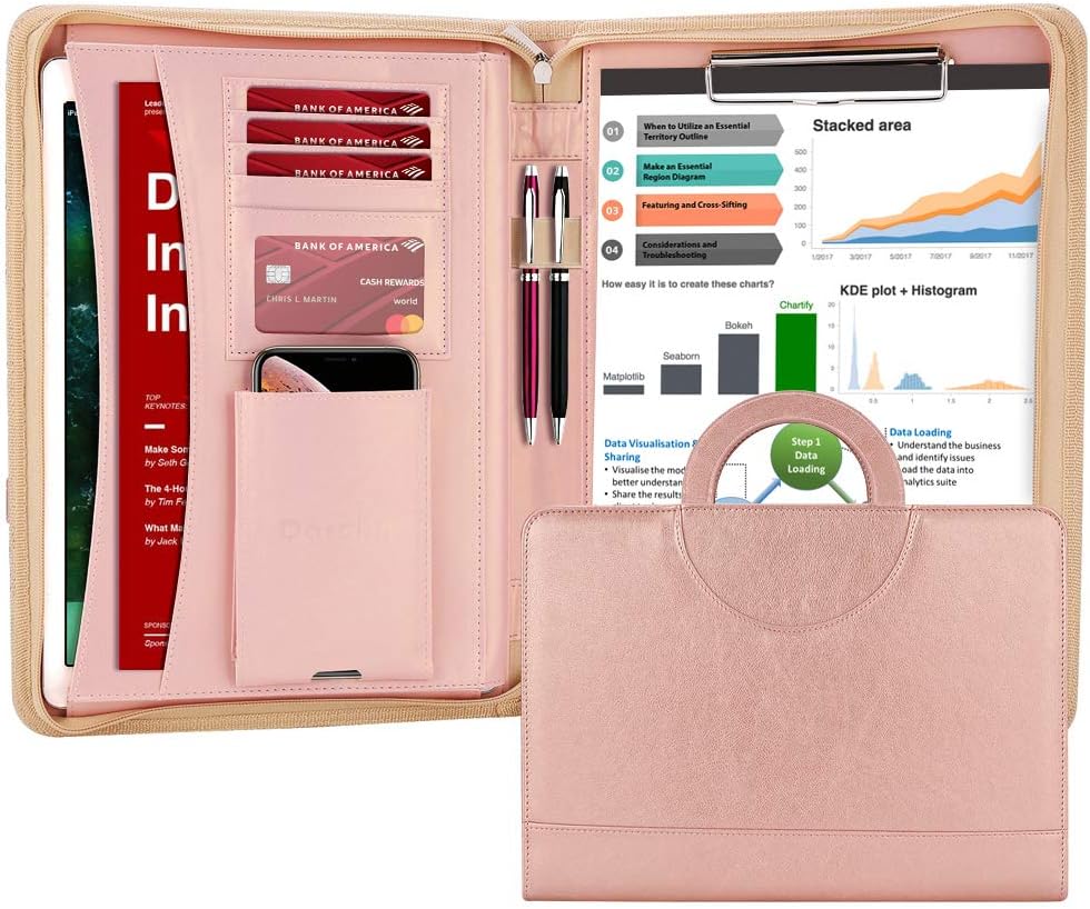 Zippered Leather Padfolio Portfolio with [Hidden Handle] and [Clipboard], Business Conference Portfolio Organizer Notepad Folder, Padfolio for Women/Men (Rosegold)