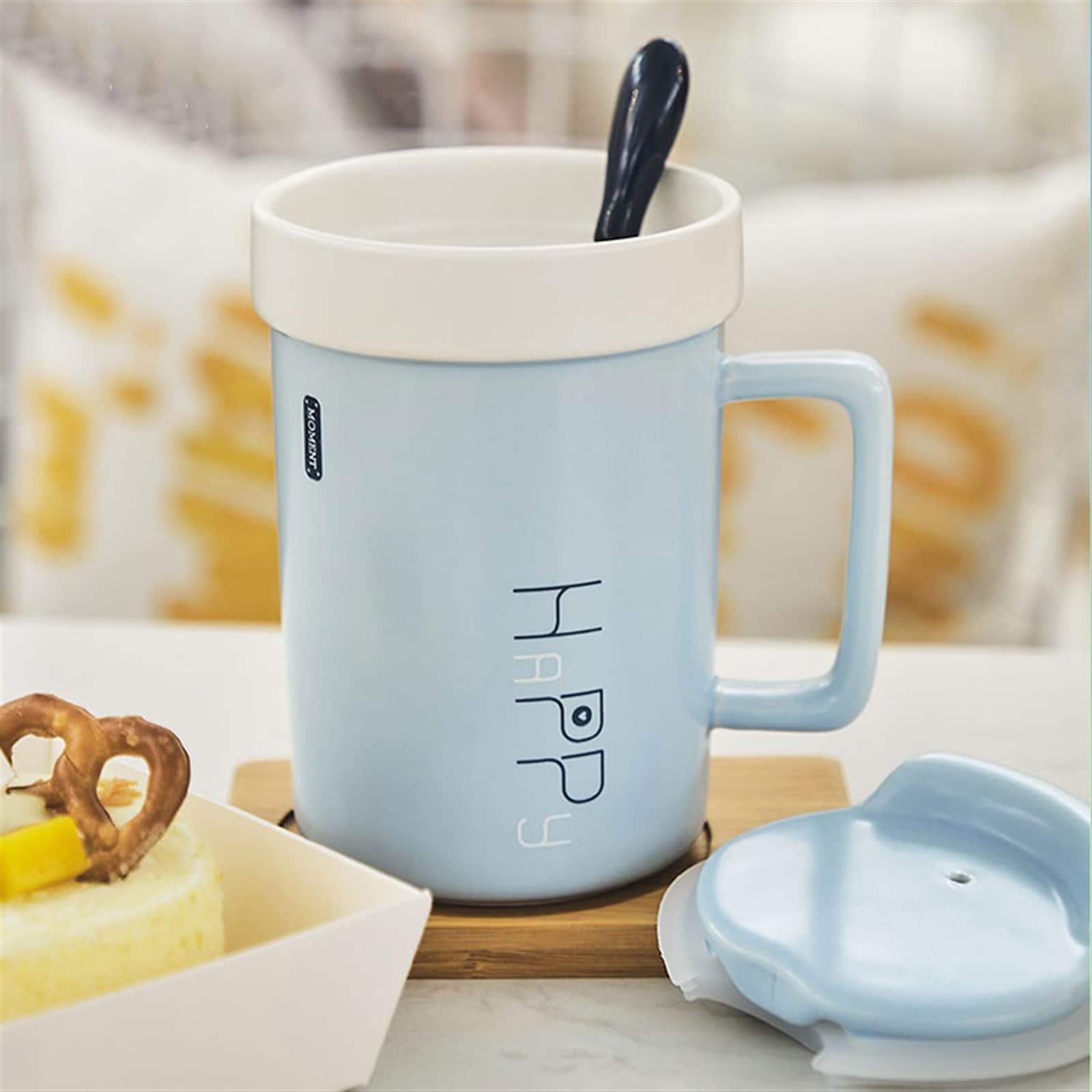 Taza de café de cerámica 460ML Taza de Oficina Taza de cerámica para Beber Taza Encantadora con Tapa Cuchara Posavasos Gran Capacidad (Azul)