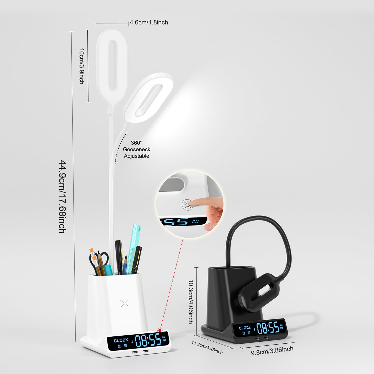 5-en-1 Lampe de Bureau LED Intensité Variable avec Horloge, Réveil, Porte-Stylo et Fonction de Recharge, 3 Couleurs de Lumière,Lampe d'étude, Lampe de Chevet, Lampe de Lecture Veilleuse