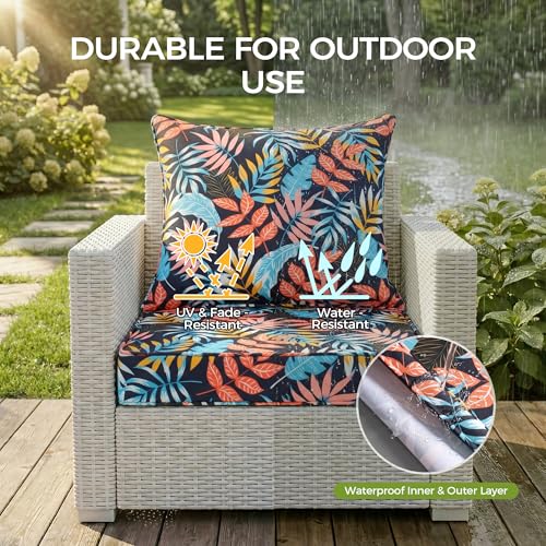 Image of UNIKOME 22 inchx22 inchx3 inch Outdoor Chair Cushions Set - Waterproof Patio Cushions for Outdoor Furniture with Removable Cover, Ties & Handle, Deep Seat Patio Cushions for Sofa Couch - Dark Leaves