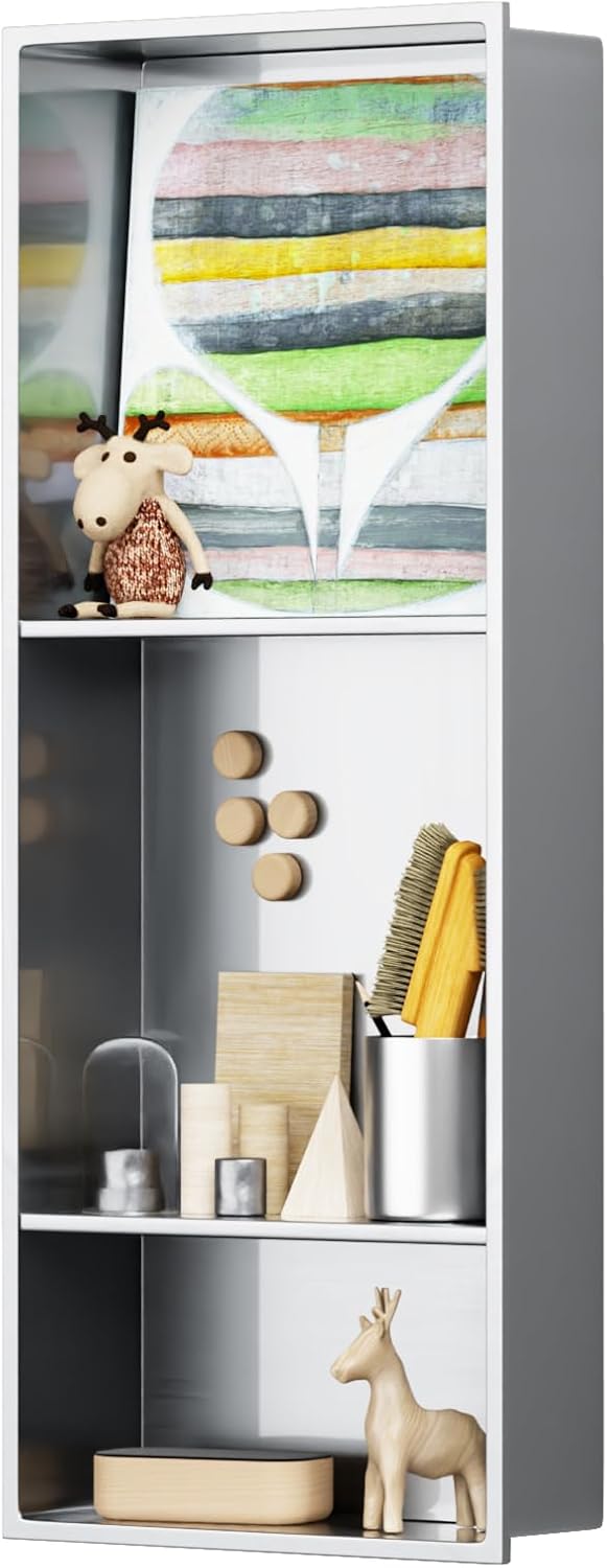 BWE Black Shower Niche 12" X 30" Stainless Steel Bathroom Niche for Shower Wall NO Tile Needed 3-Tier Recessed for Bathroom Storage,Over Mount Installation 13"x30"(3 Shelves) Brushed Nickel