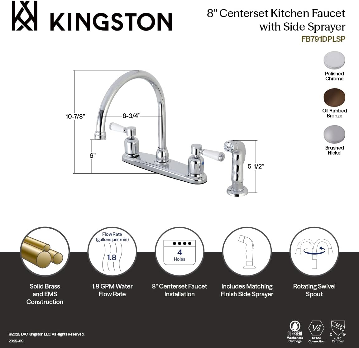 Kingston Brass FB798DPLSP Paris 8-Inch Center Set Gooseneck Kitchen Faucet with Plastic Sprayer, Brushed Nickel
