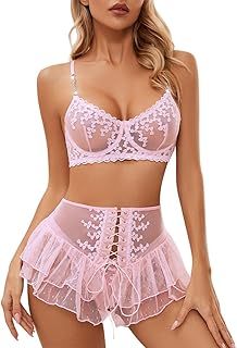 Femmes Sexy Ensemble Lingerie Sets 3 Pièces Dentelle Nuisette Tulle Transparente sous-Vêtements, Teddy Babydoll Soutien-Gorge Push Up et Mini Jupe String Négligé Maille Coquine Col V Nuit