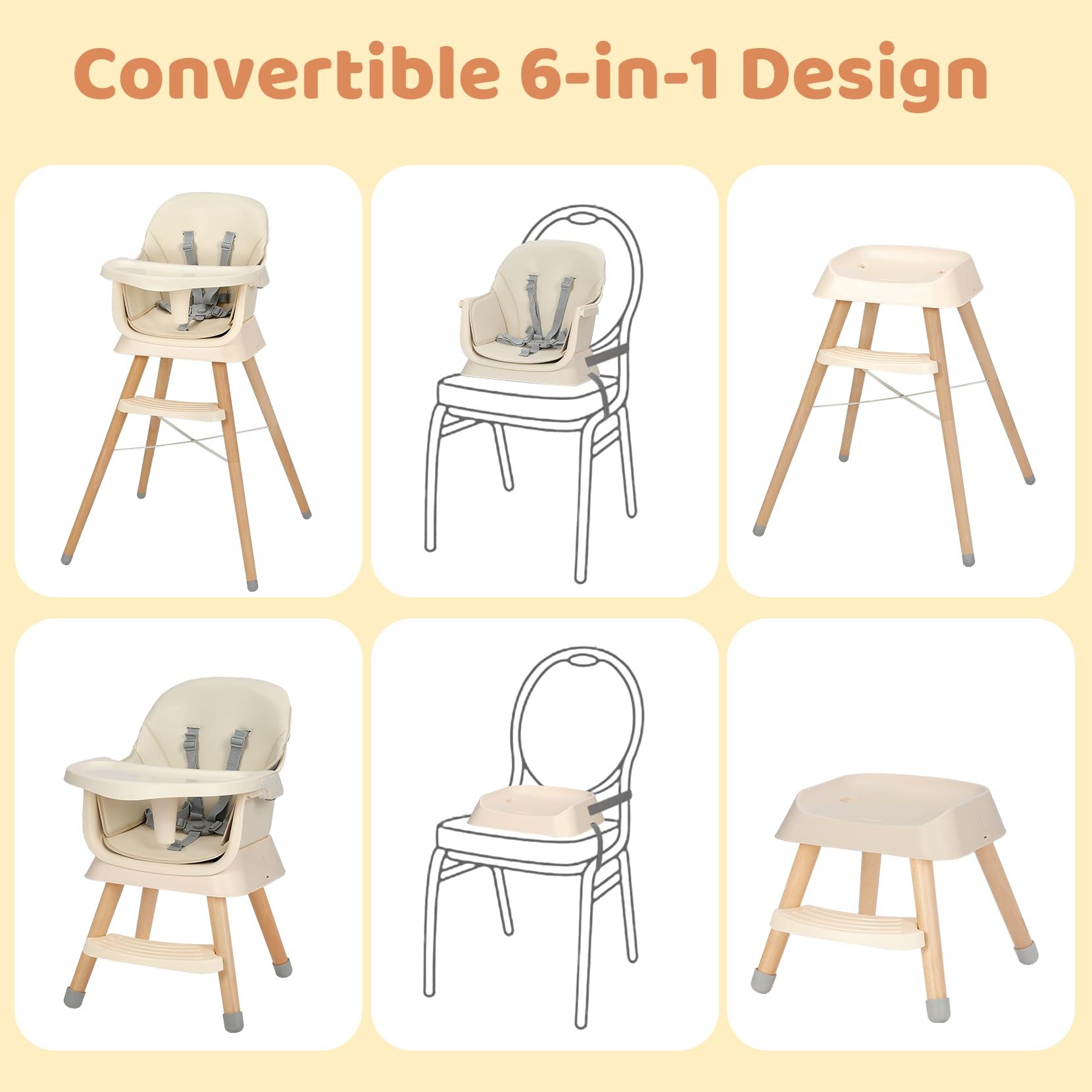 Seggiolone Pappa 6 in 1 Convertibile in Rialzo Sedia Bambino con Gambe in Legno, Cintura 5 Punti, Vassoio Rimovibile, Beige