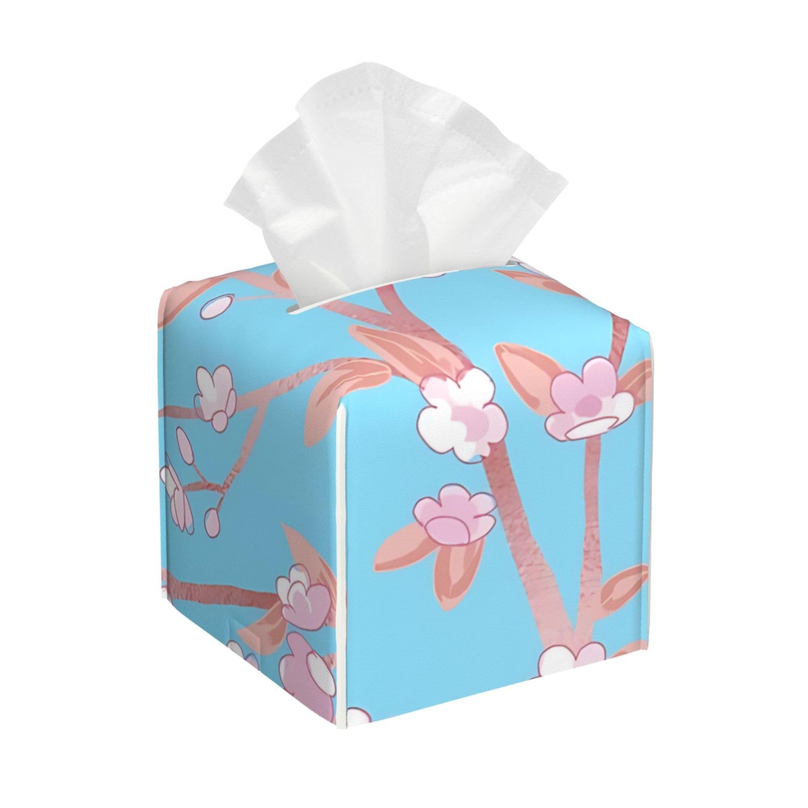 Pastel Cherry Blossoms Branches Pink Blue Tissue Box Cover 5" Square Leather Tissue Holder Facial Tissue Case for Tabletop Bedroom Bathroom Desk Decor