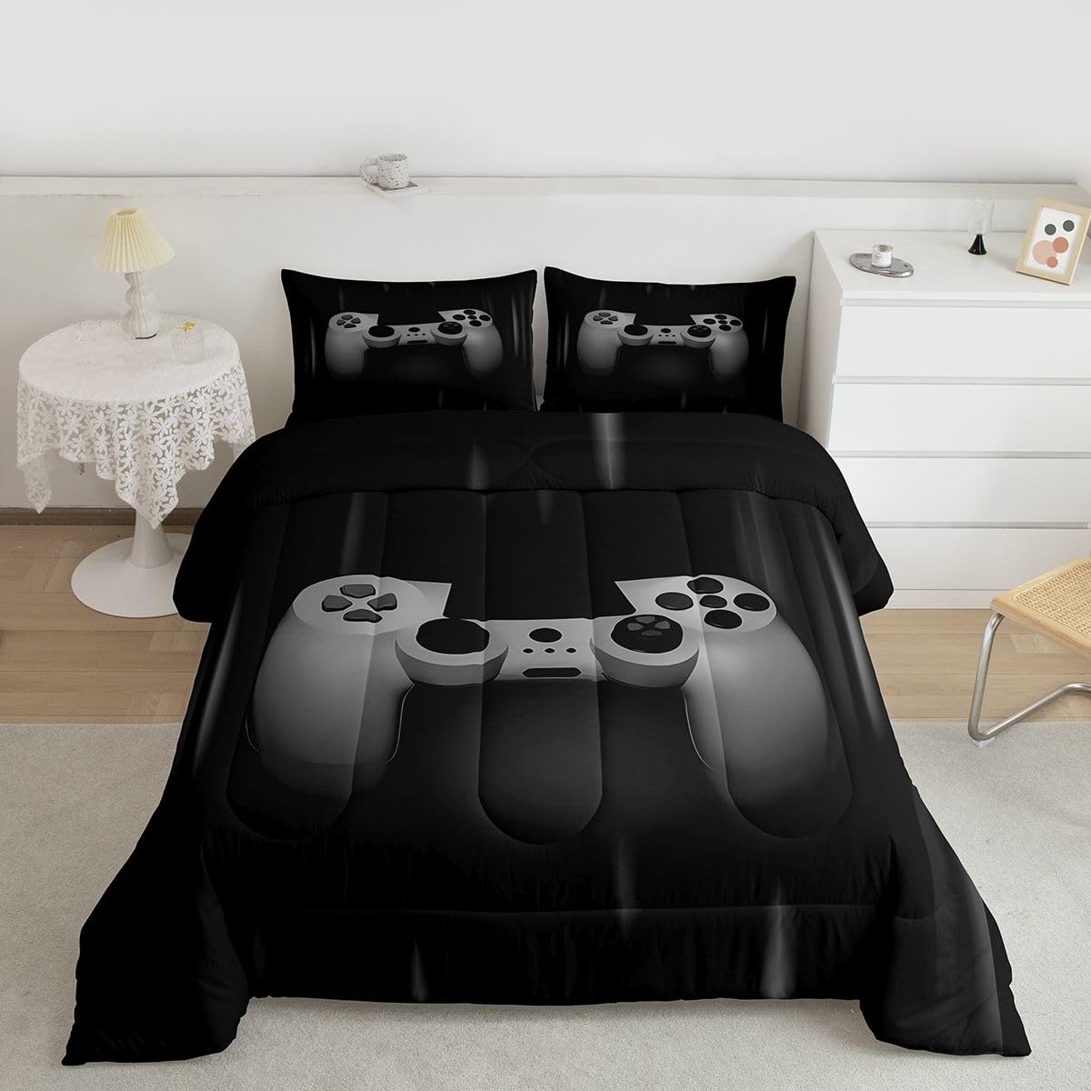 Feelyou Boys Gamer Comforter Set Twin Bedding Set for Boys Kids Gaming Comforter Gray Black Video Games Bed Set Teen Child Gamer Room Decor Super Soft