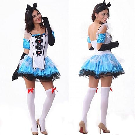 Amazon Witch ハロウィン コスプレ 衣装 不思議の国のアリス アリス アリスインワンダーランド プリンセス ドレス 大人用 仮装 コスチューム ワンピース リボン 手袋 ニーハイストッキング ペチコート 5点 セット 選べるサイズ レディース M コスプレ 仮装 通販