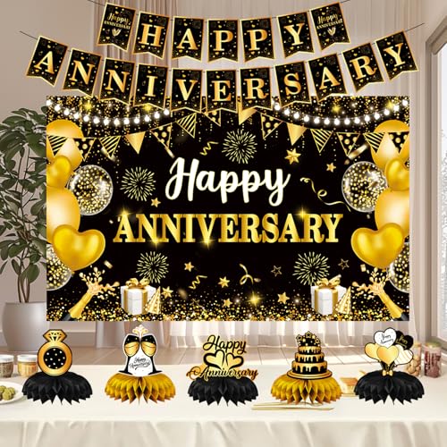 Image of Happy Anniversary Decorations,Happy Wedding Anniversary Party Supplies - Black Gold Happy Anniversary Banner,Backdrop 5.9 x 3.6Ft with 5pcs Honeycomb Centerpiece for Work Anniversary Decorations