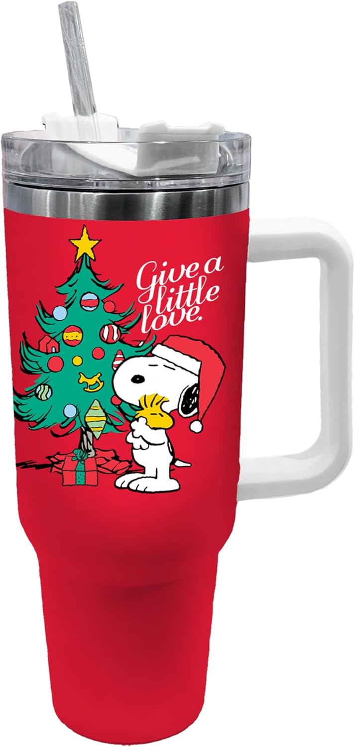 Spoontiques Peanuts Stainless Steel Travel Mug, 40oz - Double Wall Insulation, Sturdy Handle, Sliding Lock Travel Lid - Snoopy Christmas