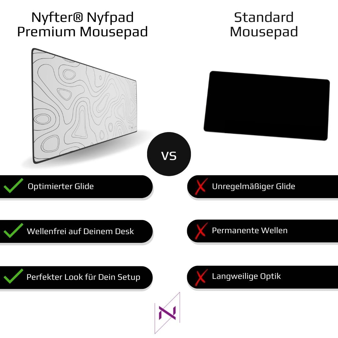 NYFTER - 3XL Gaming Mauspad weiß im Topography design 1200 x 600mm Premium Mousepad Size Groß vernähte Kanten langlebig mit high-end Glide und Anti-Rutsch Speed Gaming Mauspad