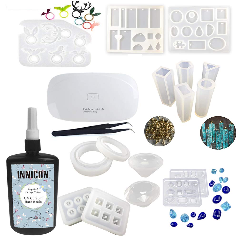 Résine UV cristal de 250g sans bulles avec moules et lampe pour réussir tous vos bijoux DIY