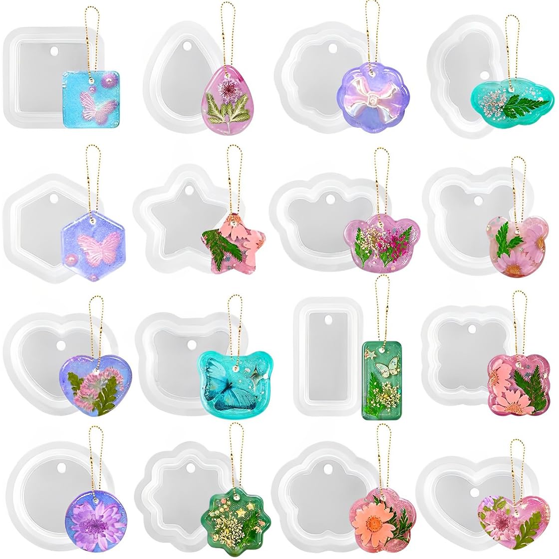 HyzaPhix 16pcs Pendant Silicone Moulds with Hanging Hole, Variety Shaped Resin Key Chain Moulds, Jewellery Casting Mold for DIY Ornaments Crafts Supplies