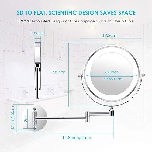 Miniatura 6 de ZADIKO Espejo de aumento montado en la pared 10x espejo de tocador redondo de doble cara giratorio extensible espejo cosmético pantalla táctil doble