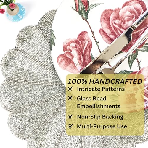ALPHA Living HOME Farmhouse Round Beaded Placemats – 13 Inch Handmade Charger Plate – Elegant Glass Bead Table Mat – Non-Slip, Decorative & Durable for Weddings, Holidays & Everyday Use - Silver