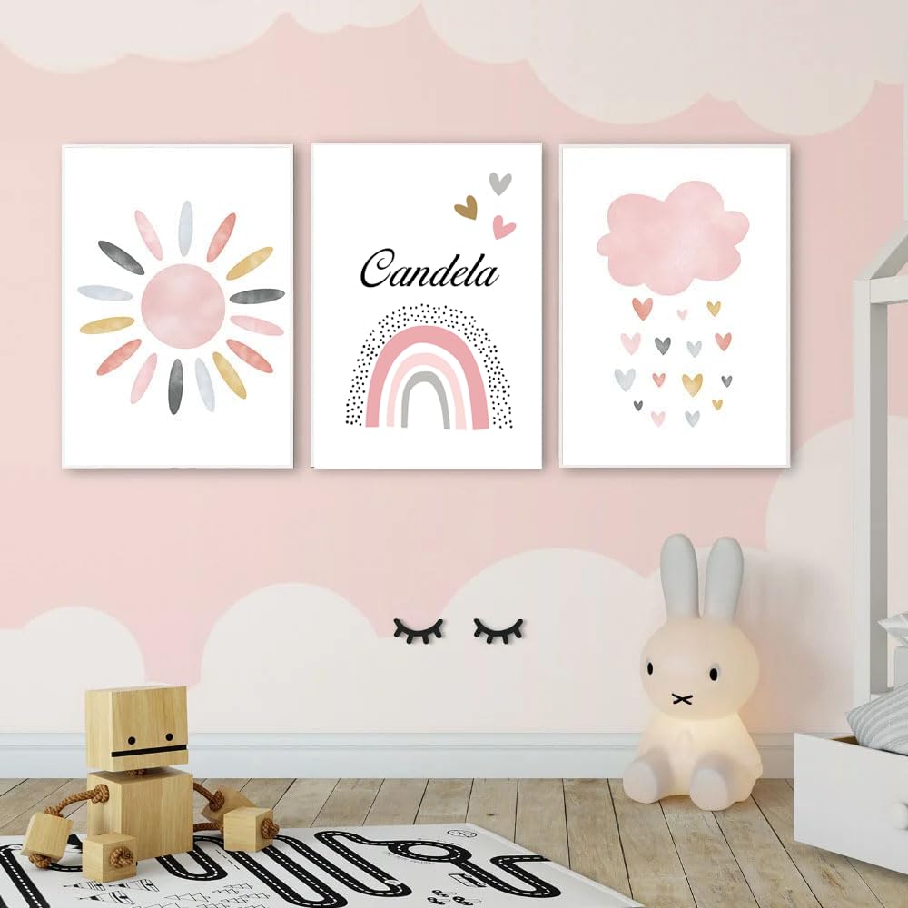 3 Laminas Personalizadas Infantiles Poster Nombre Bebe Cuadro Bohemio Arcoiris Nube Sol Decoracion Habitacion Niña Regalo 30x40 cm sin Marco