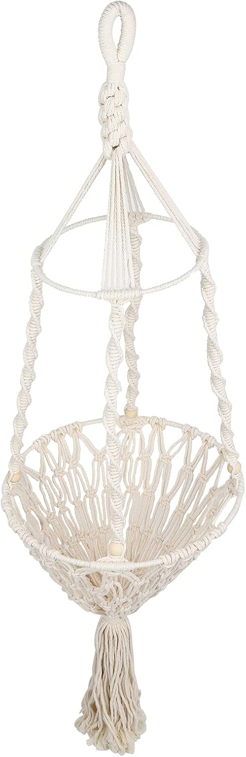 Pet Hanging Swing Basket, Handmade Cotton Rope Woven Hammock for Mini Pig, Wooden Bead Type, 52.4 in Hanging Length, Includes 1 Hook, No Cushion, Indoor Outdoor Use