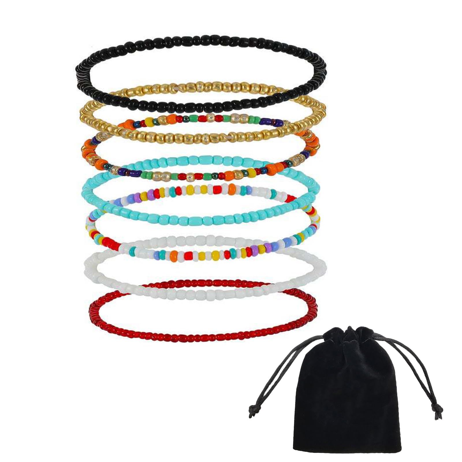 7 Stück Damen Fußkettchen, Handgemachte Bunte Perlen Fusskette Boho Verstellbares Geschichtetes Wasserfestes Elastische Fußschmuck Set für Frauen Mädchen