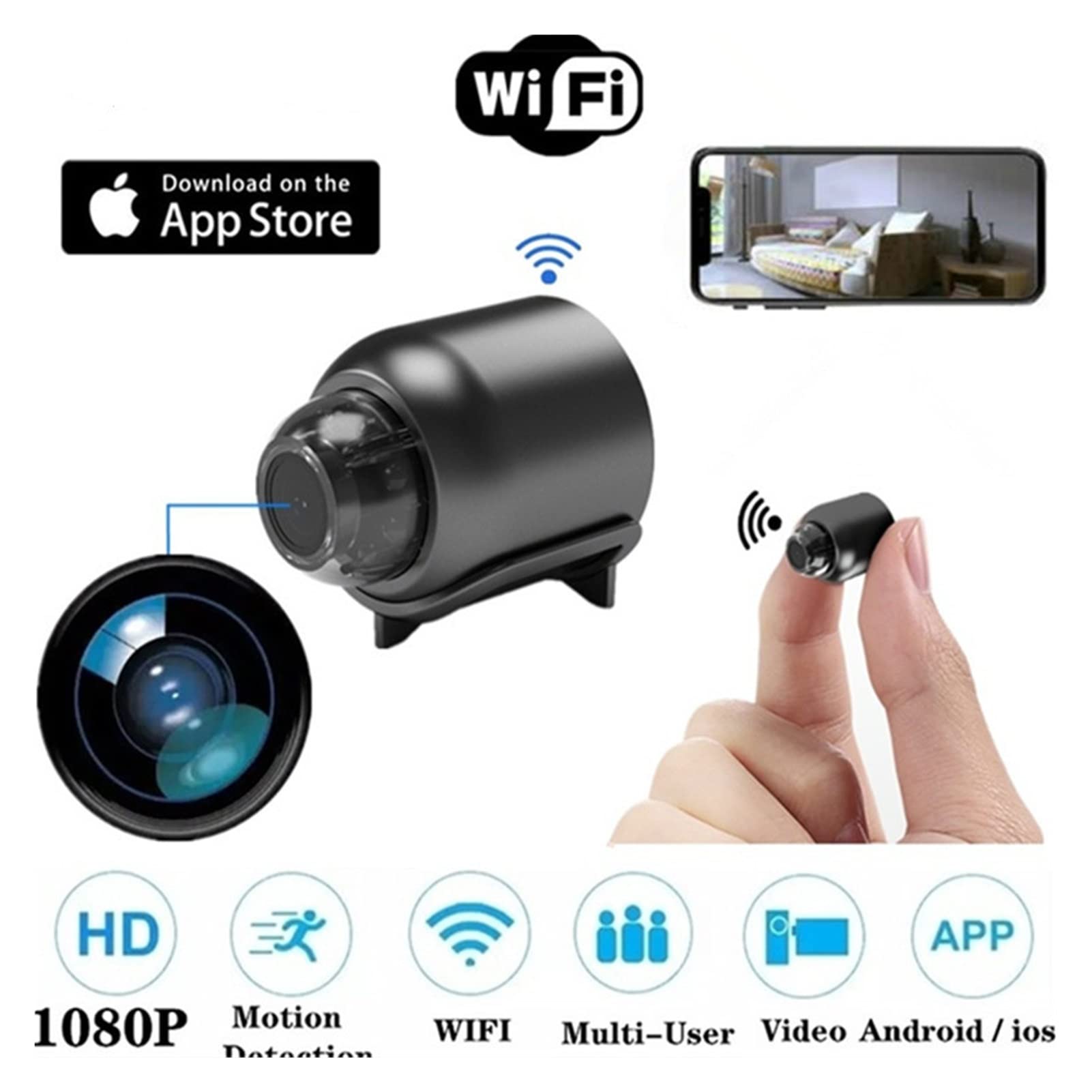 Kamera nasobna Mini Camera Bezprzewodowe WiFi 1080P Nadzór Security Night Vision Motion Detect Camcorder Baby Monitor IP. Krzywka(Cam add 8gb card,E-U)