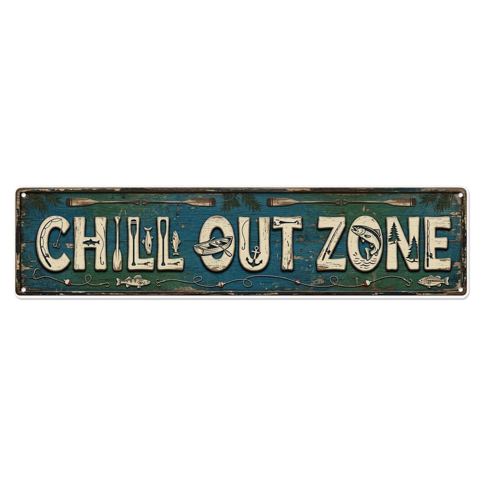 Chill Out Zone Faded Lake House 1 Metal Tin Skinny Sign Plaque Wall Decor for Cafe, Club Bar, Office, Home Garden Metal Poster 4x16Inch