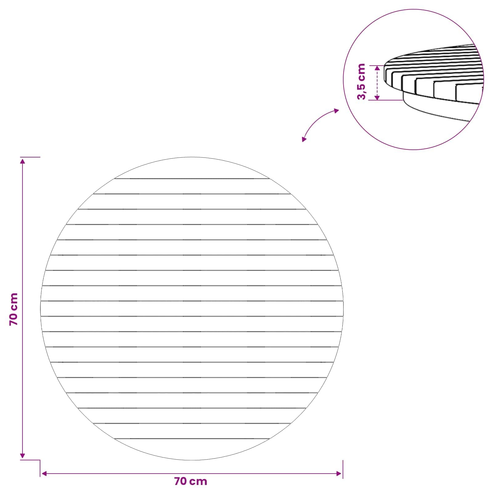 vidaXL Plateau de Table Ø 70 x 3,5 Rond Bois de Teck Massif Naturel, Table en Teck, Design Moderne, Meuble pour la Maison, Bureau intérieur, extérieur, Surface Marron