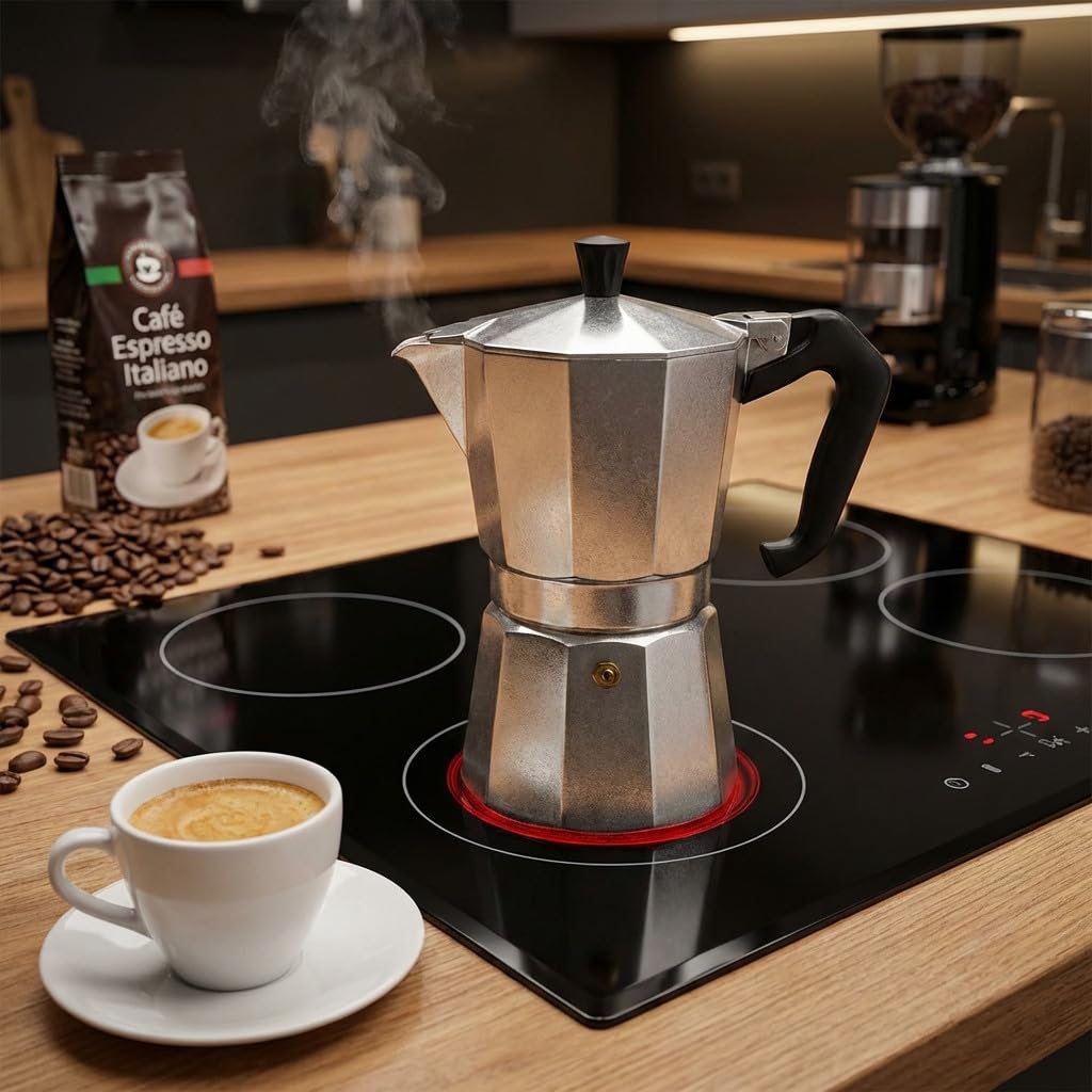 Suinga CAFETERA CLÁSICA ITALIANA de inducción de aluminio duradero y resistente. Capacidad de 9 tazas. Color Gris