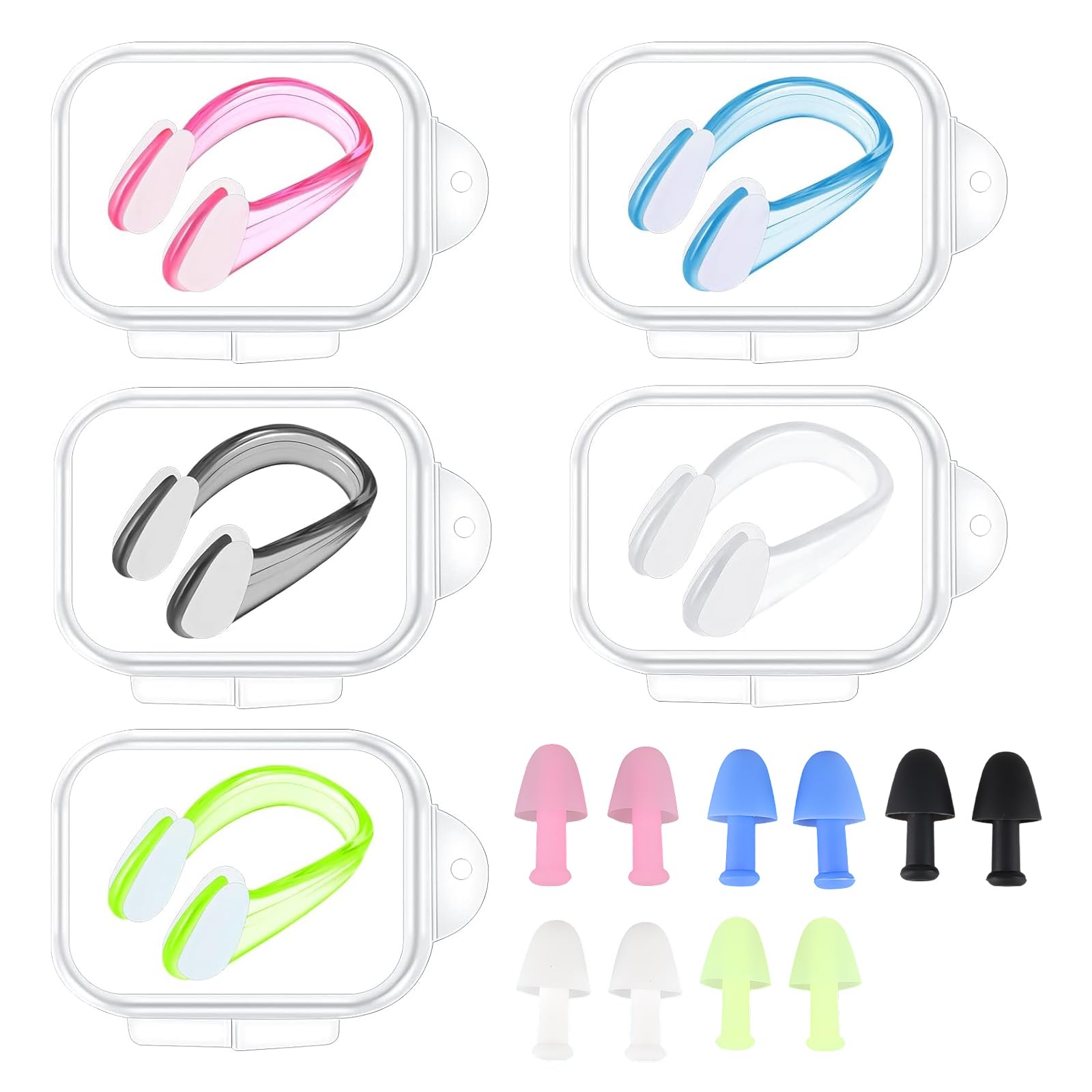 LFCFBH 5PCS Silicone Swimming Nose Clip with 5 Pairs Waterproof Ear Plugs Set, Reusable Ear Nose Plugs for Kids Adult (5 Colors)