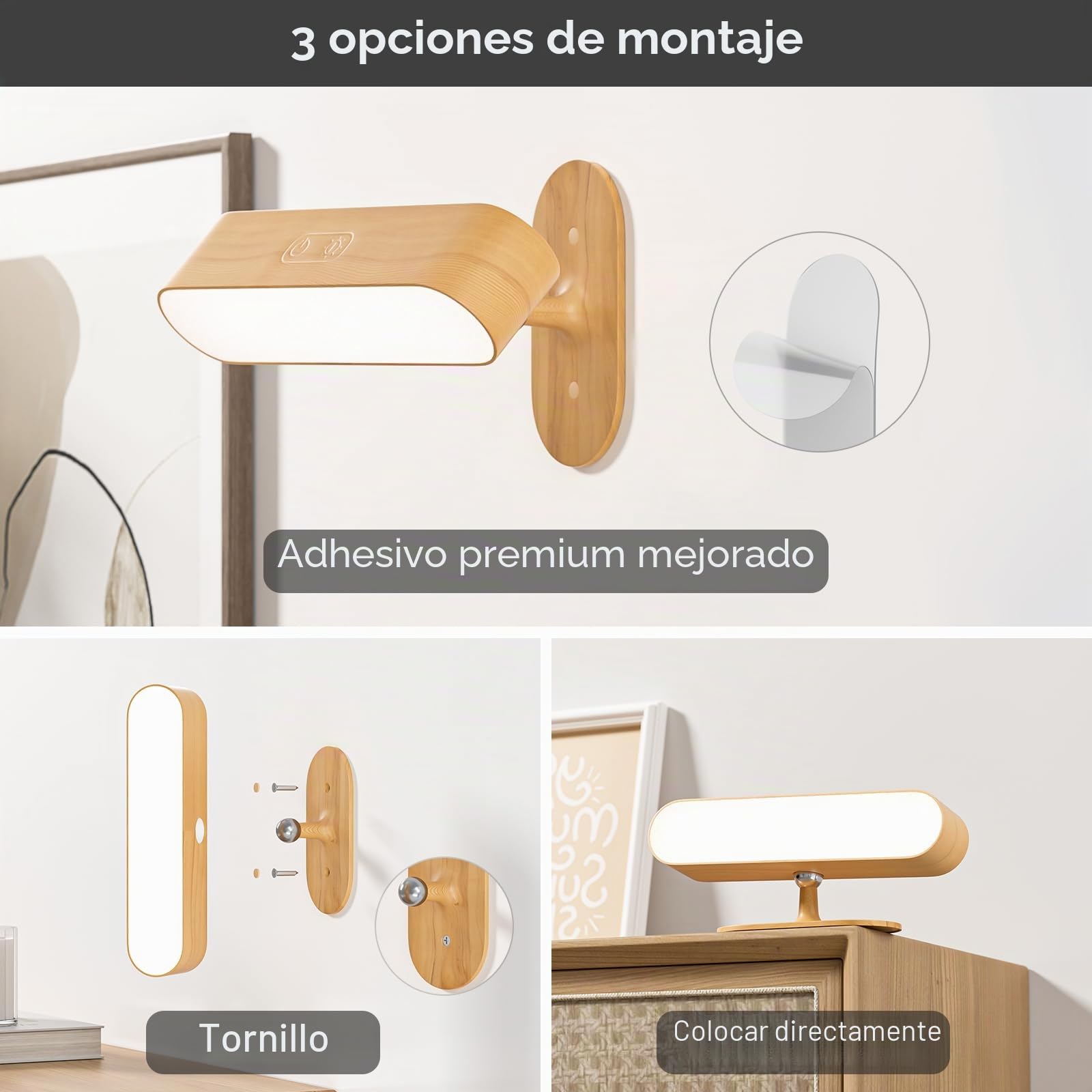 Hensam Apliques de pared accionados por batería, juego de dos apliques de pared LED inalámbricos para dormitorio, luces de pared recargables para cuadros, lámparas de pared regulables de 5 modos para
