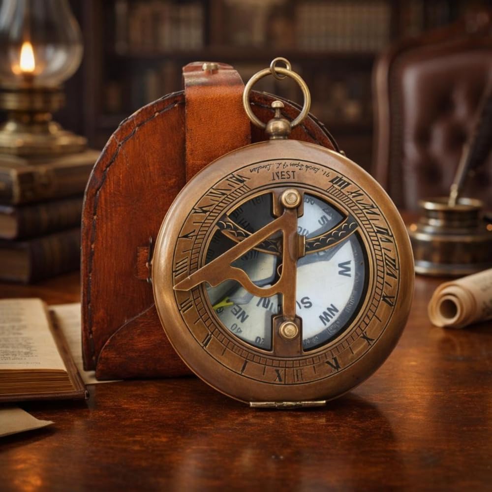 ROYAL CRAFT Brass Sundial Push Open Compass with Leather Case, Antique Finish, Handmade, 3 Inch, Steampunk Style, Gift for Men
