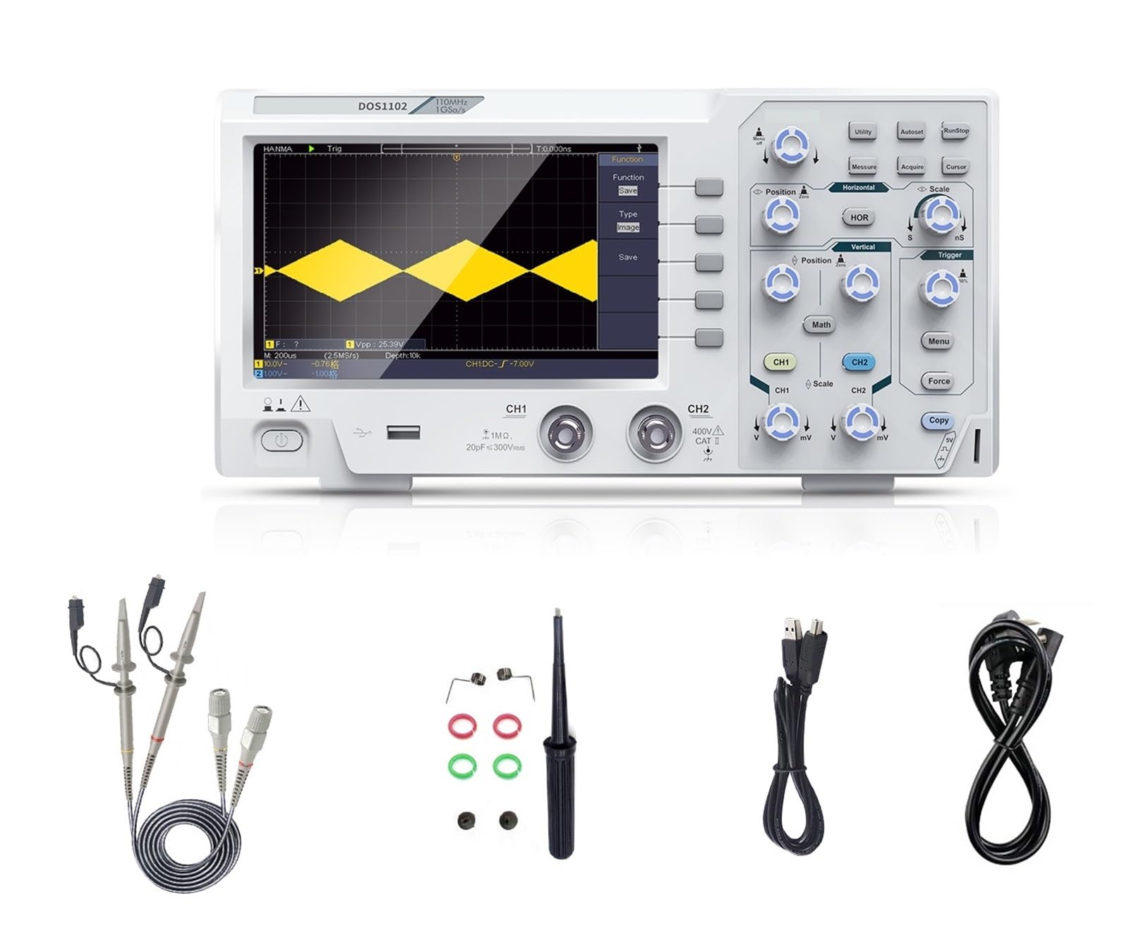 Oscyloskop cyfrowy 2/4 Szerokość pasma 110 MhZ 1GS/s Częstotliwość próbkowania 5 mV/Div 7-calowy oscyloskop stołowy z pamięcią TFT (DOS1102, EU)