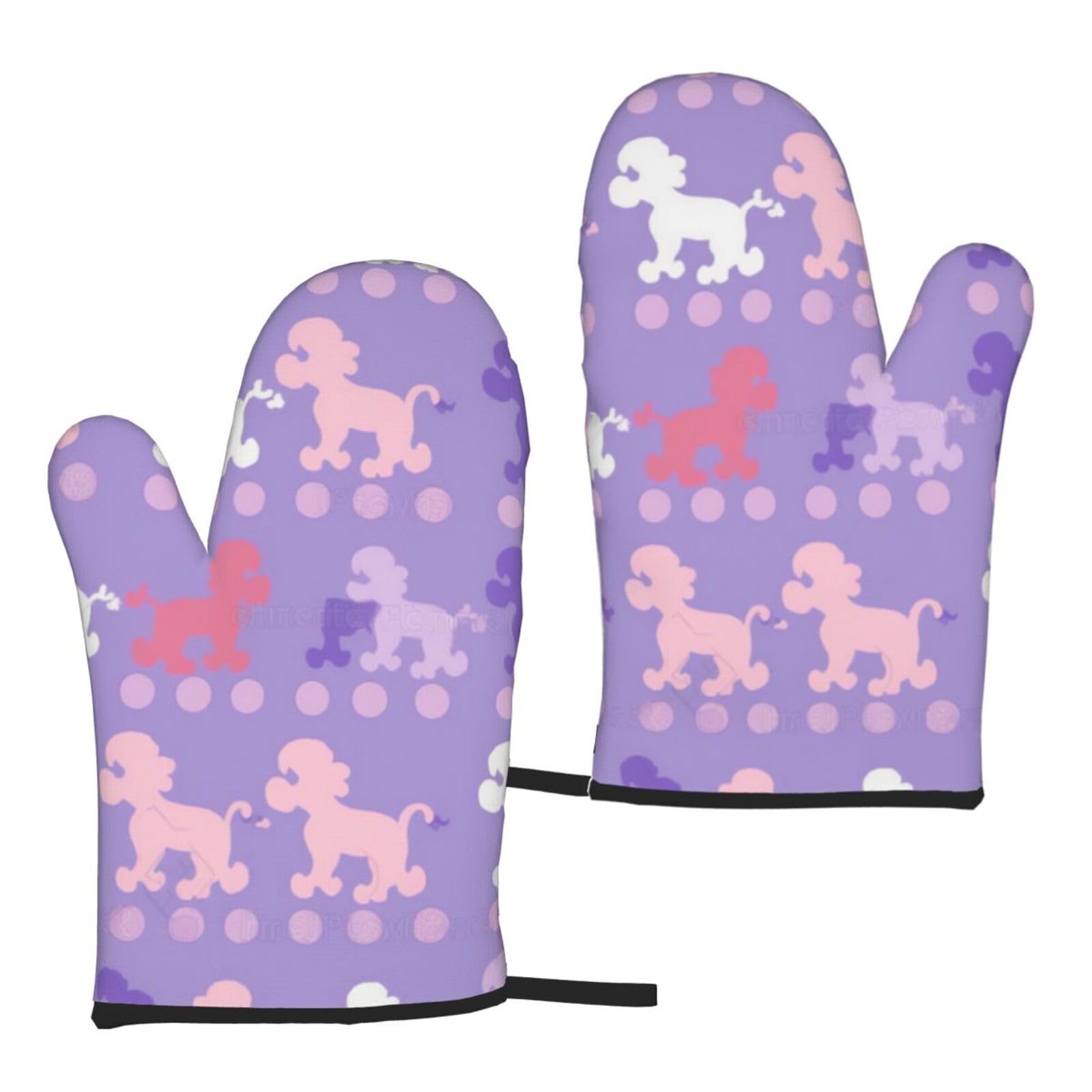 purple Poodle Polka Dot Printed Oven Mitts Sets 2 PCS Heat Resistant and Non-Slip Glove Potholder for Kitchen Cooking Baking Grilling