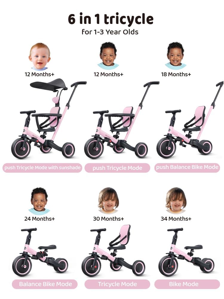 newyoo Tricycle for Toddlers 1-3, Toddler Tricycle with Push Handle and Canopy, Toddler Bike, Birthday Gift and Toys for Girl and Boy, 6 in 1 Baby Trike, Balance Bike, TR009, Pink
