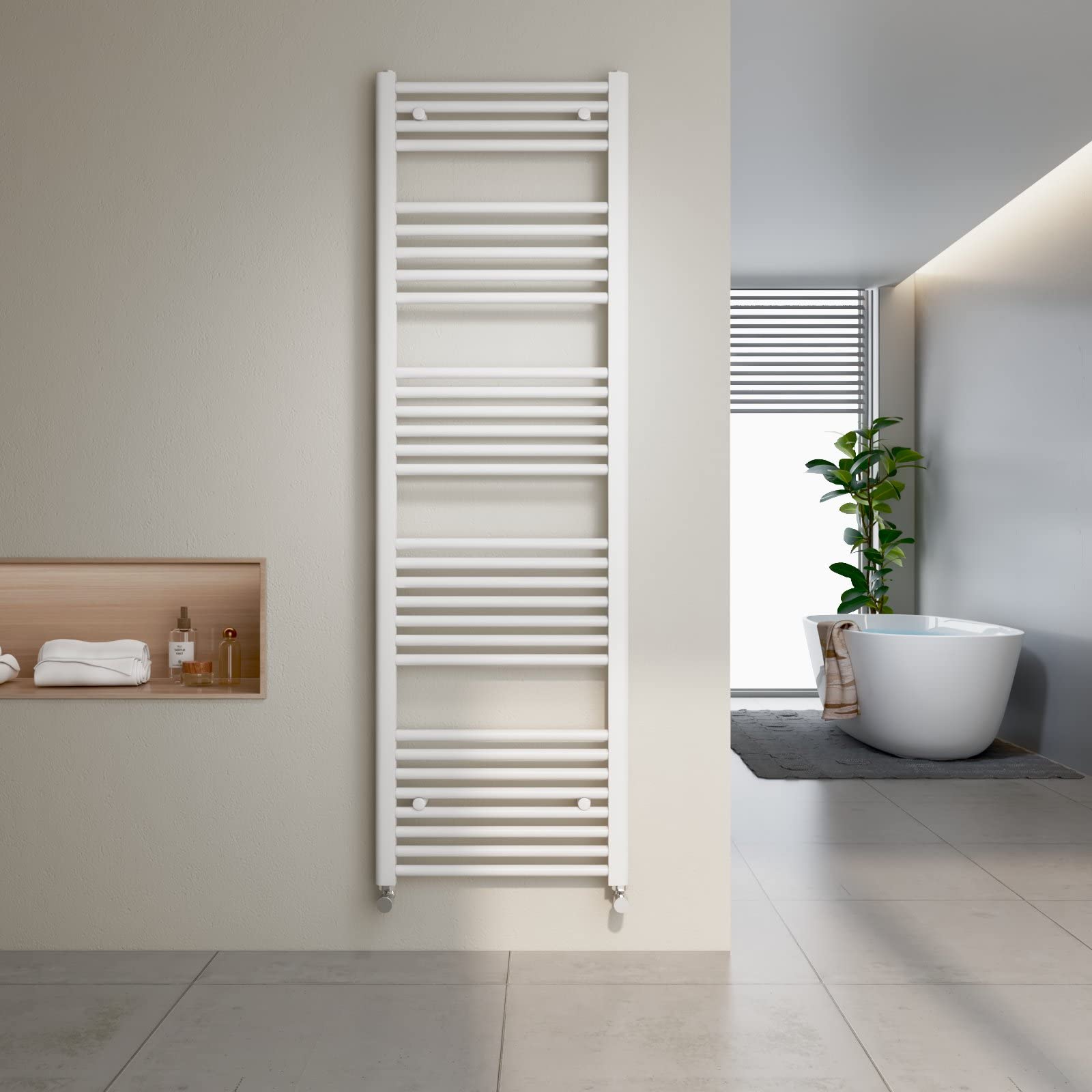 Heilmetz Radiator Towel Rail, 1600 x 500 mm Towel Warmer Bathroom Towel Rail Radiator White with Angled Radiator Valves Bathroom Central Heating Space Saving Radiators — image 1