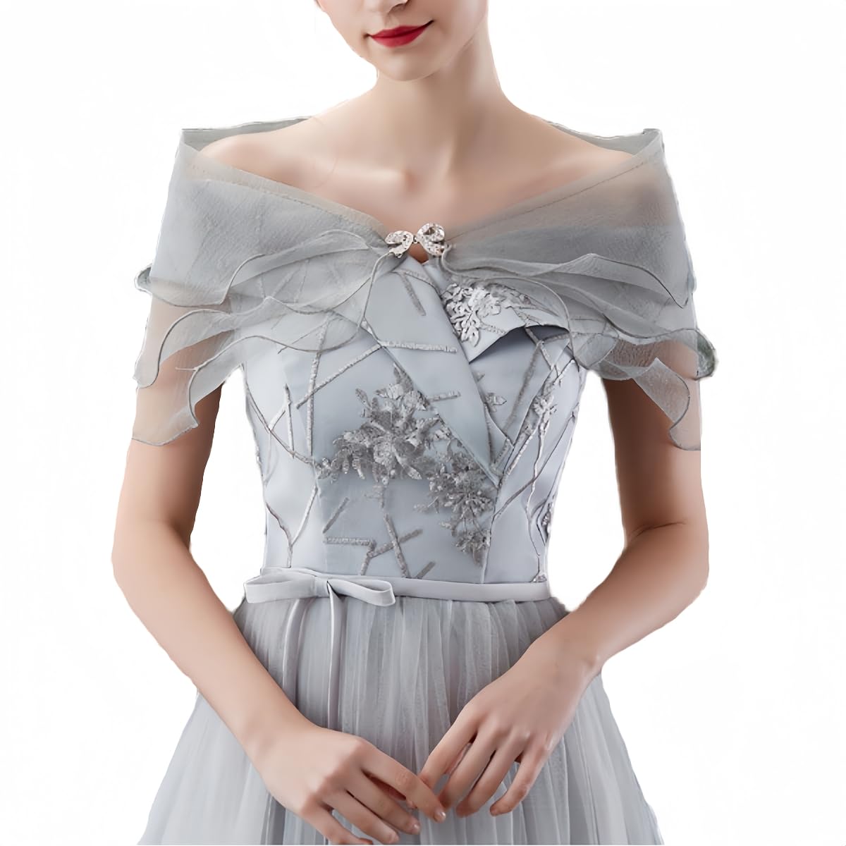 Samheng Women's Grey Tulle Wedding Shawl Wrap For Lace Evening Cape Bridal Shoulder Covers Up Scarf For Dress Prom Party Open Front Summer Wedding Dress Bolero Cardigans Elegant Capelets For (Grey)