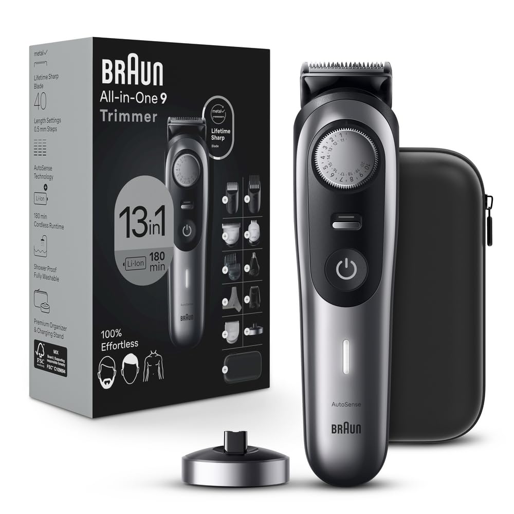 Braun All-in-One Men's Shaving Kit Series 9 9440, 13-in-1 Beard, Face, Nose, Ear Trimmer, Hair Clippers, Body Groomer and ManscapingBraun All-in-One Men's Shaving Kit Series 9 9440,…