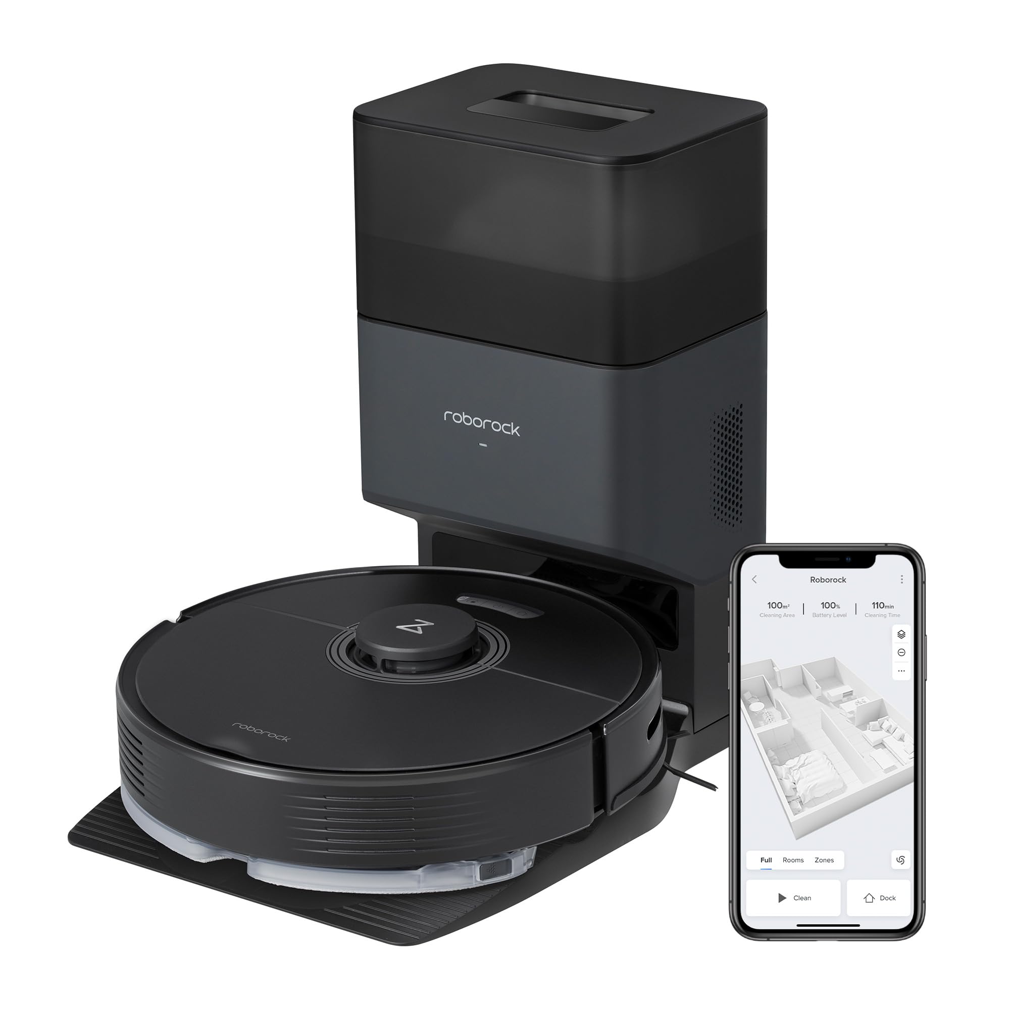 roborock Q7 Max+ Saugroboter mit Absaugstation, Vollgummibürste, 4200Pa Saugkraft, Staubsauger Wischroboter PreciSense-LiDAR-Navigation & 3D Mapping, Teppiche, Tierhaare, App/Alexa (Schwarz)