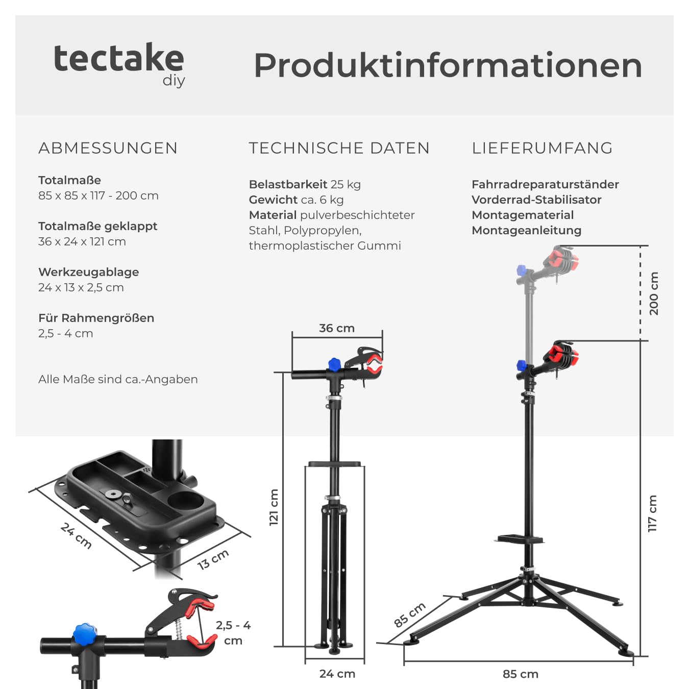 tectake® Fahrrad Reparaturständer Montageständer, Bike Stand für Fahrräder, Rennrad, Schnellspannsystem, 4 Punkt Ständerfuß, Zubehör magnetische Werkzeugablage, höhenverstellbar, klappbar | Höhenverstellbar 117–200 cm, 360° drehbar, mit festem Griff, Stab