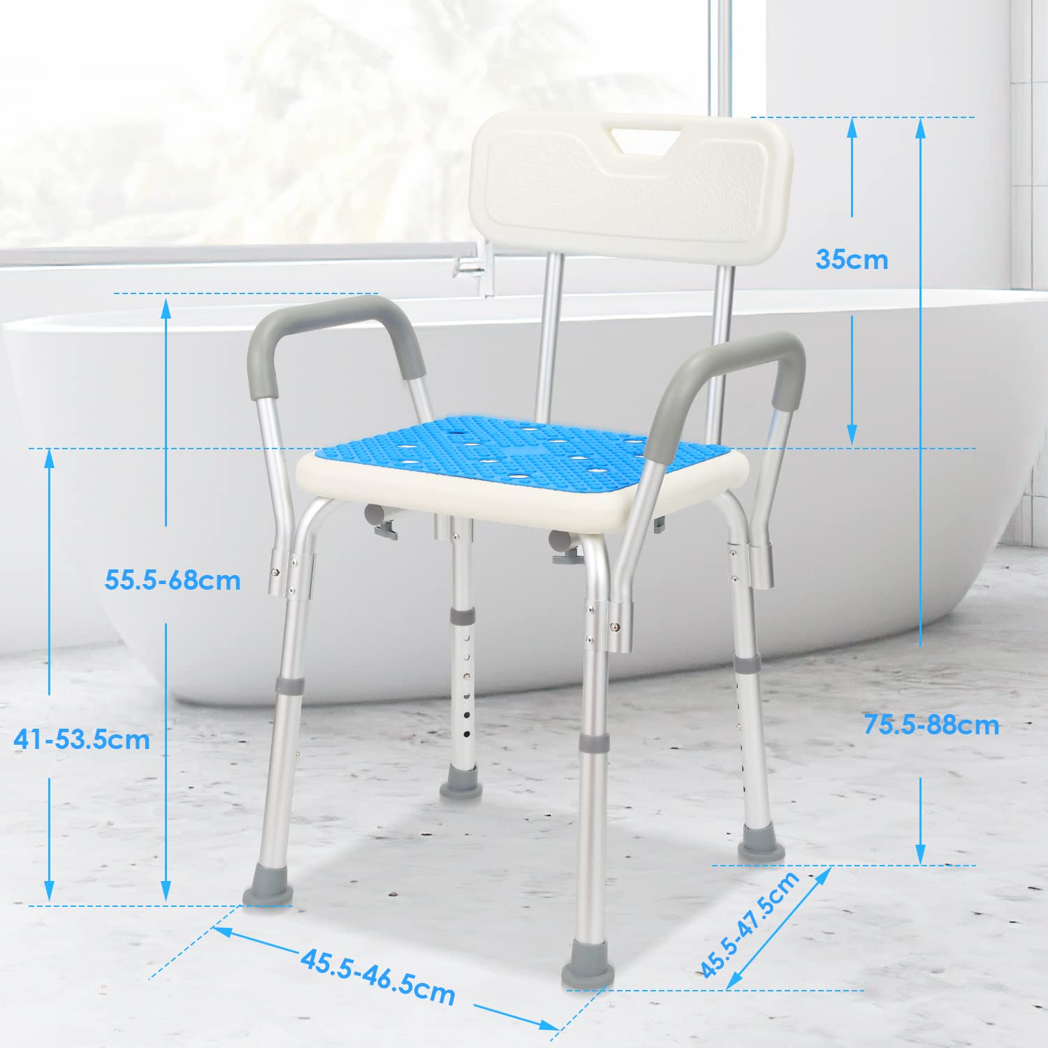 Taboret prysznicowy dla seniorów, krzesło prysznicowe z podłokietnikami i oparciem, regulowana wysokość siedziska 41-53,5 cm, taboret łazienkowy, antypoślizgowy taboret prysznicowy