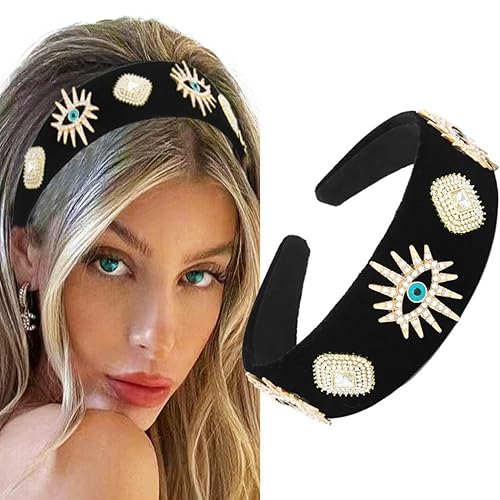 Miniatura 1 de Diademas anchas barrocas negras con diamantes de imitación de ojos malvados, vendas para el pelo vintage de cristal para fiesta de graduación para