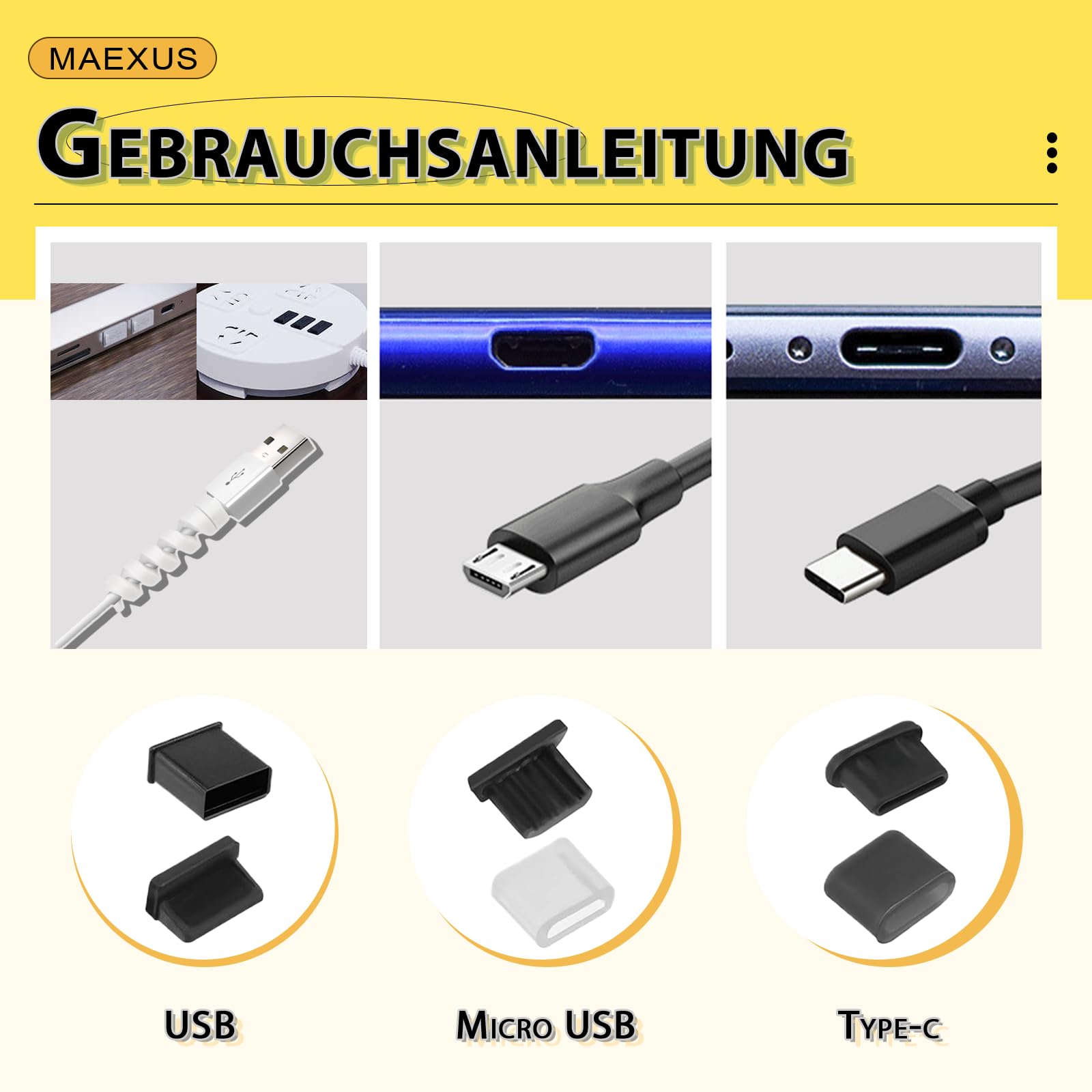 MAEXUS Nasadka ochronna USB, zestaw 36 wtyczek przeciwpyłowych, ochrona przed kurzem USB C, stoper przeciwpyłowy typu C, miękka osłona na port micro USB, osłona ochronna do portu USB, USB A, typ C