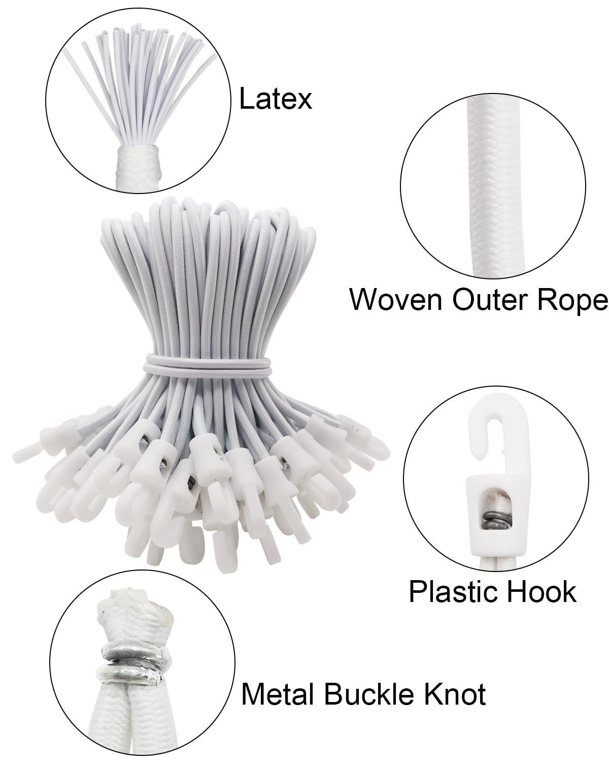 WMZOBH Bungee Cords with Hooks 100 Pcs - 6 Inch Elastic Bungee Ropes with Hooks - Short Tarpaulin Hooks - Small Bungee Rope (White) - Image 2