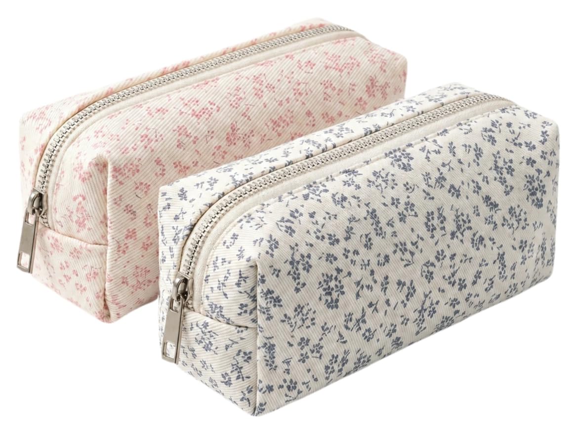 2pcs Pencil Case for Girls Large Capacity Pencil Cases Flowers Cute Pencil Pouch Personalised Big Oencil Cases Fabric Pencilcase Essentials School Supplies Stationery Organizer for Teenage Women