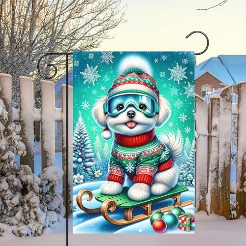 Image of BlissYard Garden Flag Maltese Snowflakes Winter 12x18 Inch Polyester