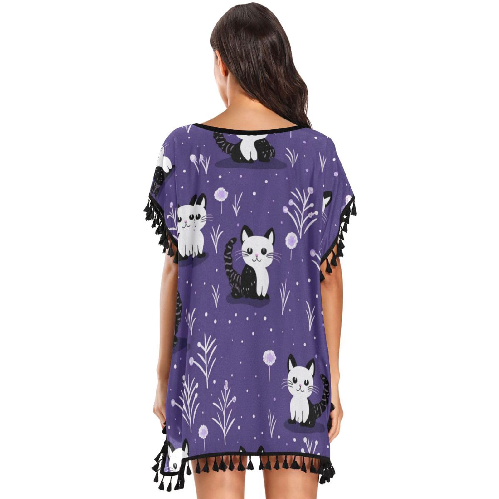 Cats Art Purple Women's Beach Cover Up Chiffon Tassel Swimwear Swimsuit Coverups for Girl