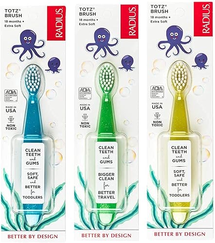 RADIUS Totz - Cepillo de dientes extra suave sin BPA y aceptado por ADA, diseñado para dientes y encías delicados para niños de 18 meses en