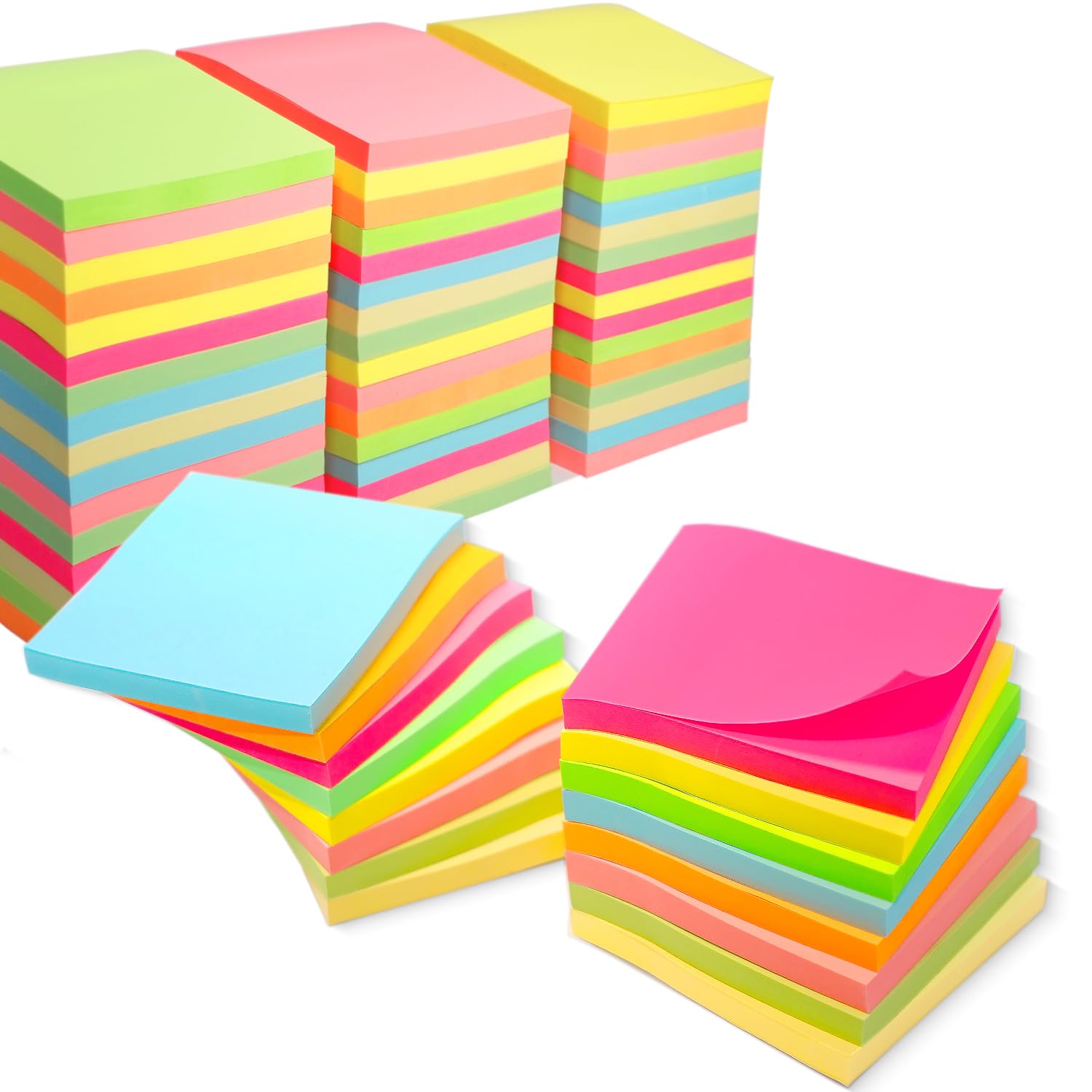 Haftnotizen, Großpackung, 7,6 x 7,6 cm, selbstklebend, 48 Blöcke, 8 helle Farben, bunte selbstklebende Notizblöcke für Zuhause, Schule, Büro, Notizbuch, 75 Blatt/Block